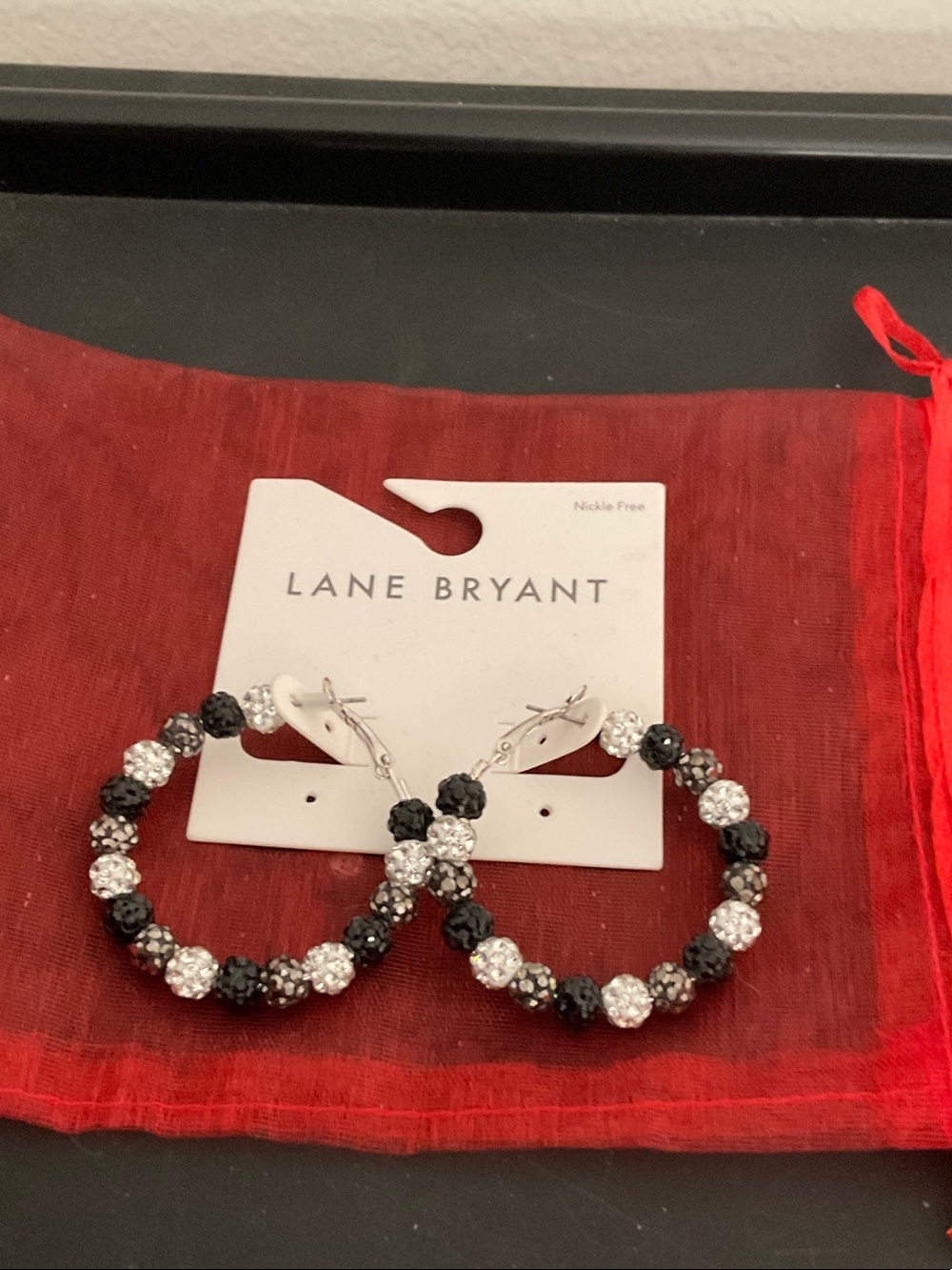 Lane Bryant Black and Silver Crystal Beaded Hoop Earrings